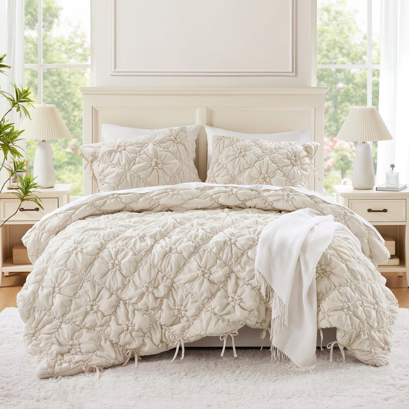 Intelligent Design Queen Comforter Set â€“ Ivory Lily Puffy Floral Shabby Chic Boho Bedding Comforter Set, Pinch Pleat Bedding Sets, Ultra-Soft, Lightweight & All-Season, Full/Queen - Image 1