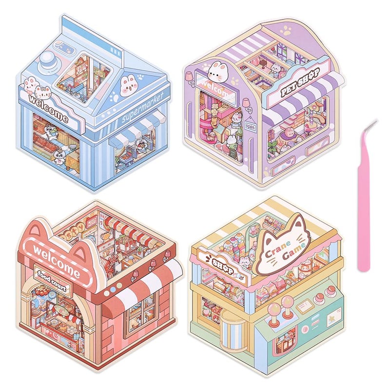 ICCEEMEE 4 Sets 3D Miniature Scene Stickers DIY Diorama Stickers Bunny Pet Shop Midnight Food Street Kitty Market Furry Paw House for Adults Kids Stress Relief Fun Pastime - Image 2