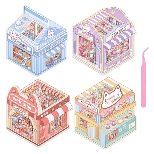ICCEEMEE 4 Sets 3D Miniature Scene Stickers DIY Diorama Stickers Bunny Pet Shop Midnight Food Street Kitty Market Furry Paw House for Adults Kids Stress Relief Fun Pastime - Image 1