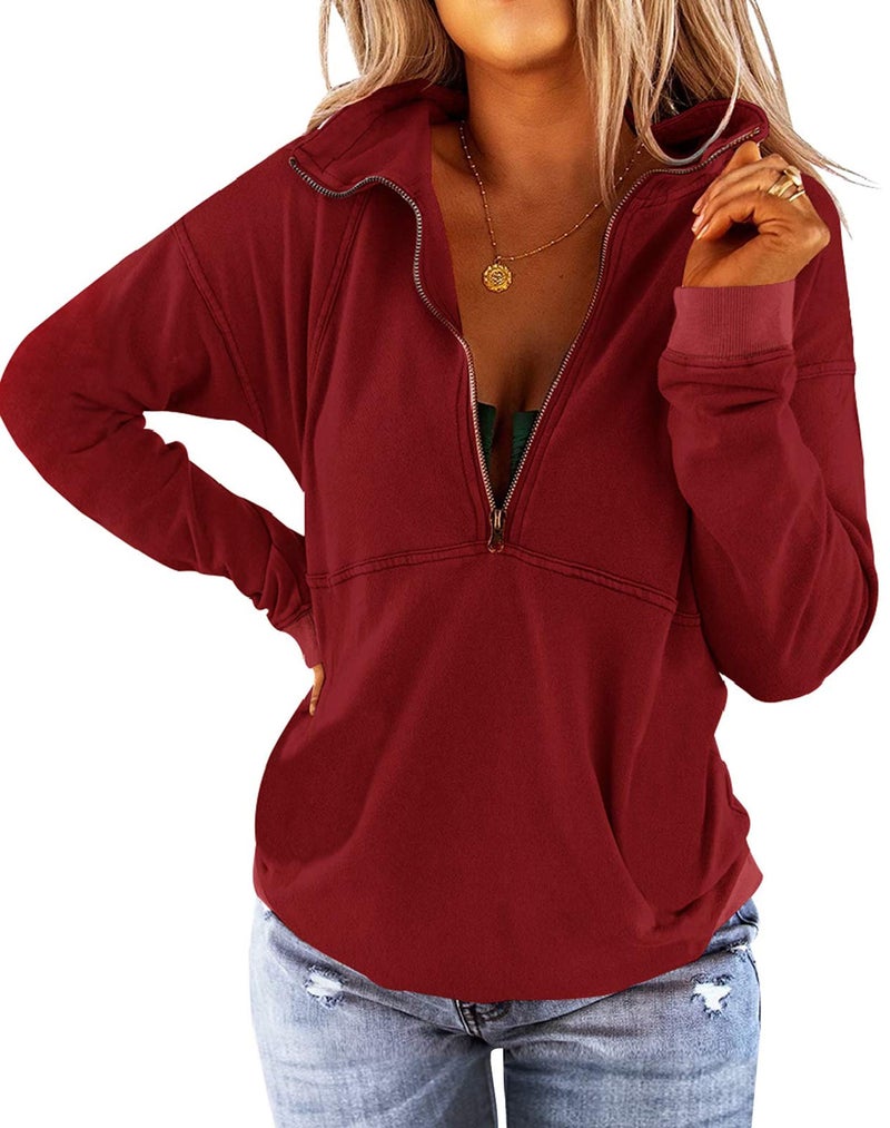 Floral Find Women's Long Sleeve Lapel Half Zip Up Sweatshirt Solid Stylish Loose Fit Casual Pullover Tops - Image 1