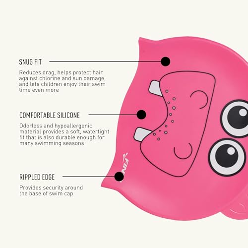 FINIS Animal Heads Silicone Swim Cap for Kids - Fun 3D Animal Designs - Snug Fit - Chlorine Protection - Hippo Pink - Image 4