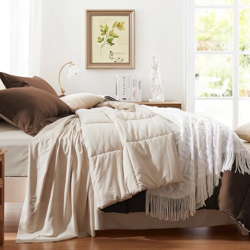 Anluoer Queen Comforter Set,Brown&Beige Bed in a Bag 7 Piece,Lightweight Bedding Set with Soft Down Alternative Fill,Bed Set Includes Comforter, Fitted Sheet, Flat Sheet,Pillowcases and Shams - Image 3