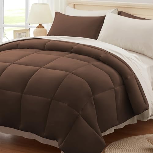 Anluoer Queen Comforter Set,Brown&Beige Bed in a Bag 7 Piece,Lightweight Bedding Set with Soft Down Alternative Fill,Bed Set Includes Comforter, Fitted Sheet, Flat Sheet,Pillowcases and Shams - Image 1