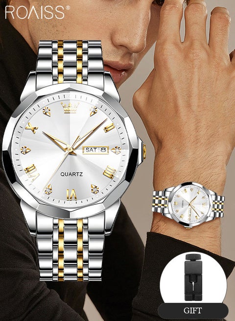 Men's Stainless Steel Strap Quartz Watch Analog Display Round White Dial with Rhombic Coated Glass Mirror Waterproof Luminous Wristwatch as Gift for Men