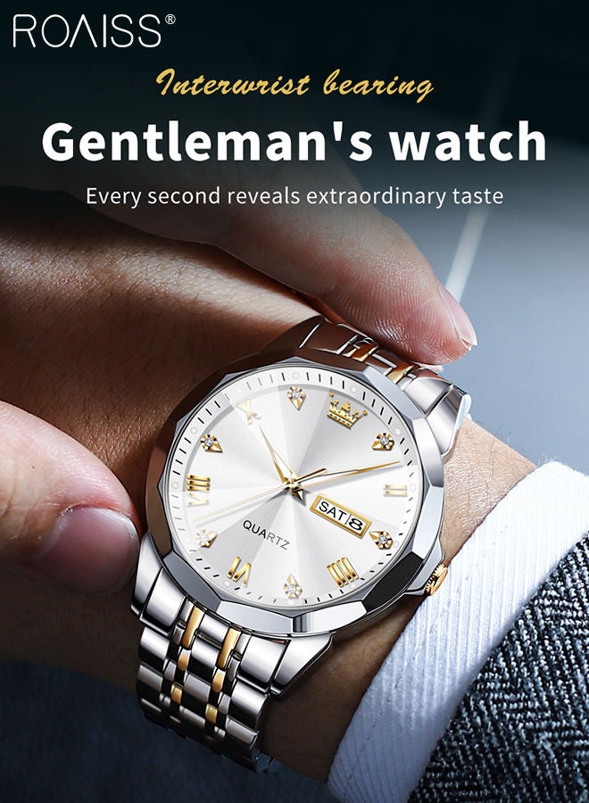 roaiss Men's Stainless Steel Strap Quartz Watch Analog Display Round White Dial with Rhombic Coated Glass Mirror Waterproof Luminous Wristwatch as Gift for Men - Image 2