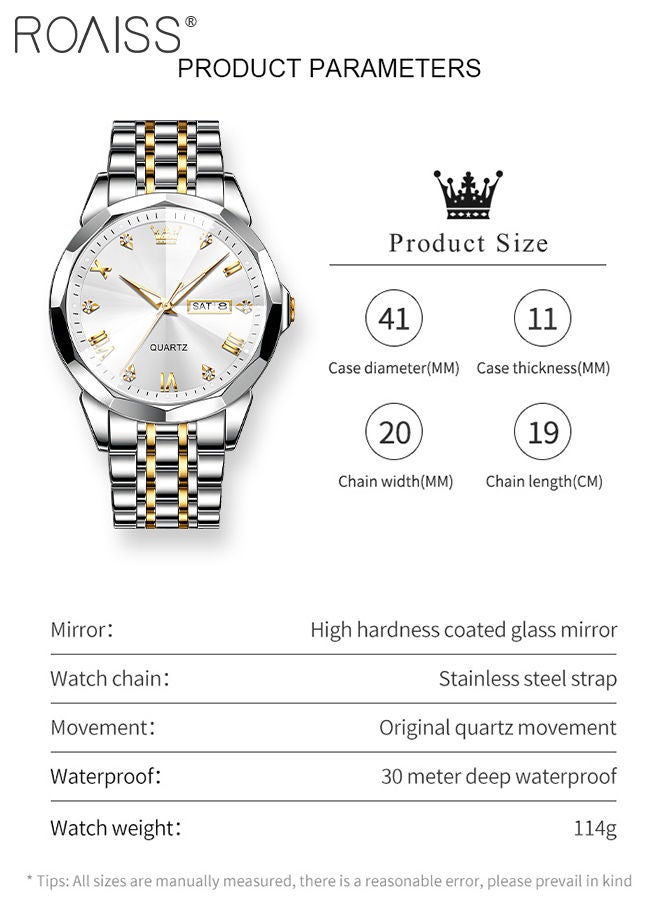 roaiss Men's Stainless Steel Strap Quartz Watch Analog Display Round White Dial with Rhombic Coated Glass Mirror Waterproof Luminous Wristwatch as Gift for Men - Image 3