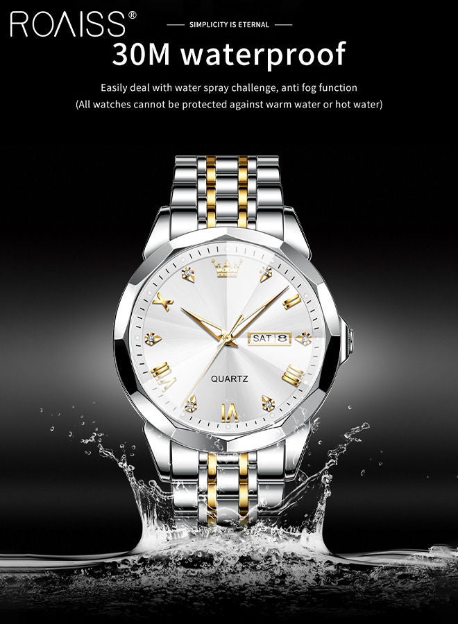 Men's Stainless Steel Strap Quartz Watch Analog Display Round White Dial with Rhombic Coated Glass Mirror Waterproof Luminous Wristwatch as Gift for Men