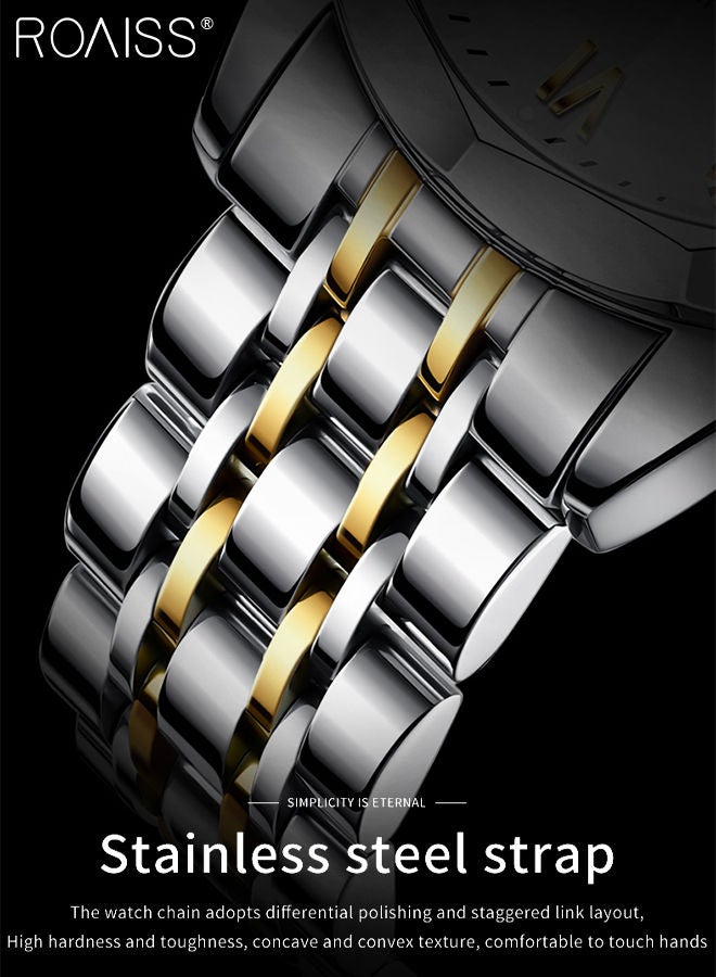 Men's Stainless Steel Strap Quartz Watch Analog Display Round White Dial with Rhombic Coated Glass Mirror Waterproof Luminous Wristwatch as Gift for Men