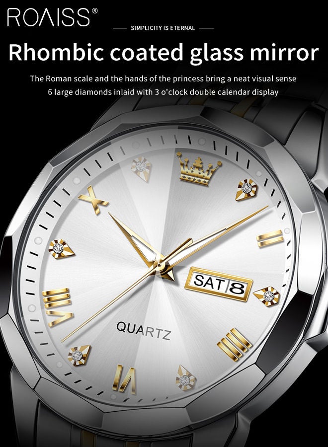 roaiss Men's Stainless Steel Strap Quartz Watch Analog Display Round White Dial with Rhombic Coated Glass Mirror Waterproof Luminous Wristwatch as Gift for Men - Image 4