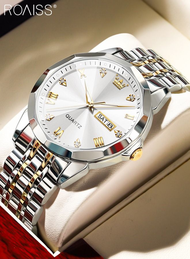 Men's Stainless Steel Strap Quartz Watch Analog Display Round White Dial with Rhombic Coated Glass Mirror Waterproof Luminous Wristwatch as Gift for Men