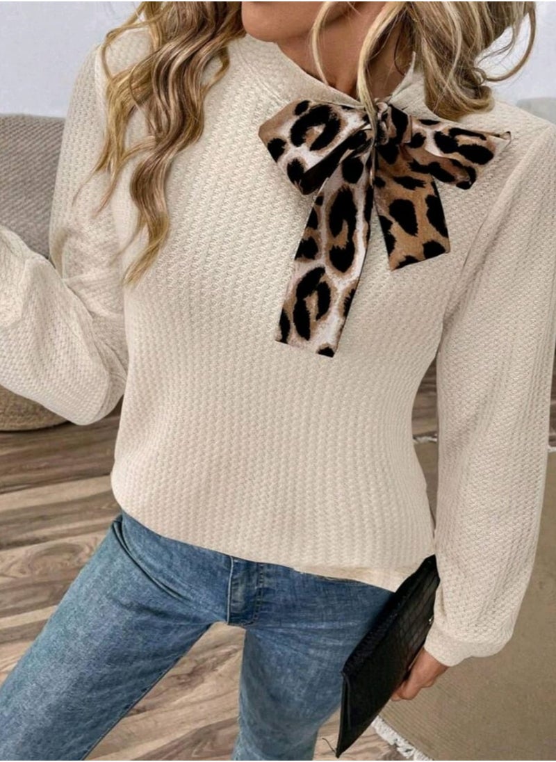 Shein SHEIN LUNE Leopard Collar Drawstring Women Casual Long Sleeve Sweatshirt, Autumn/Winter  - Image 2