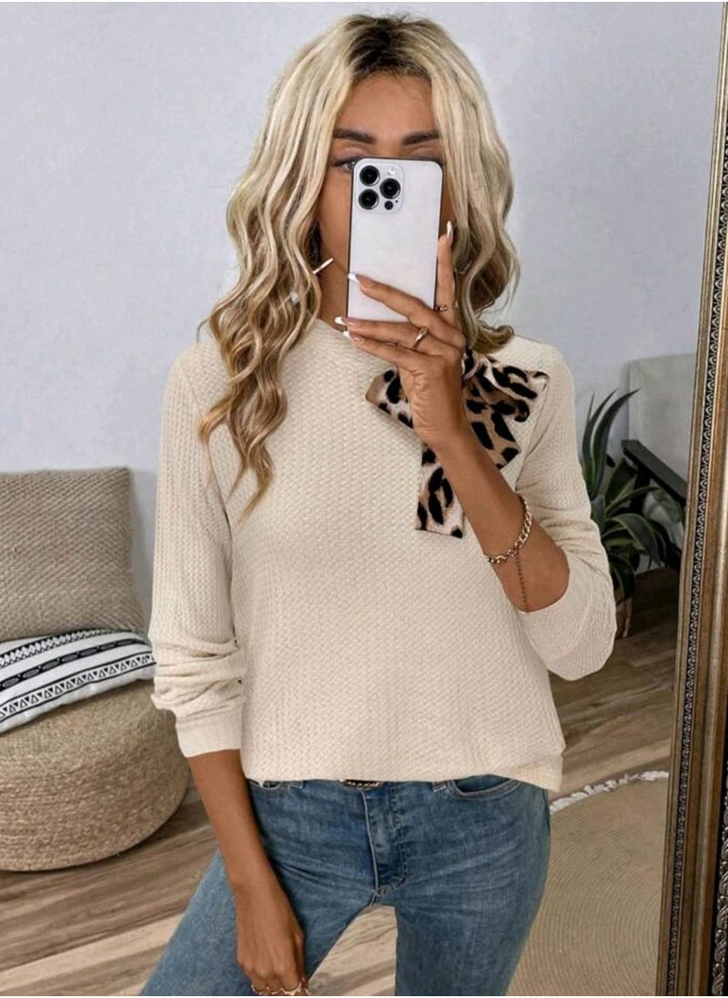Shein SHEIN LUNE Leopard Collar Drawstring Women Casual Long Sleeve Sweatshirt, Autumn/Winter  - Image 3