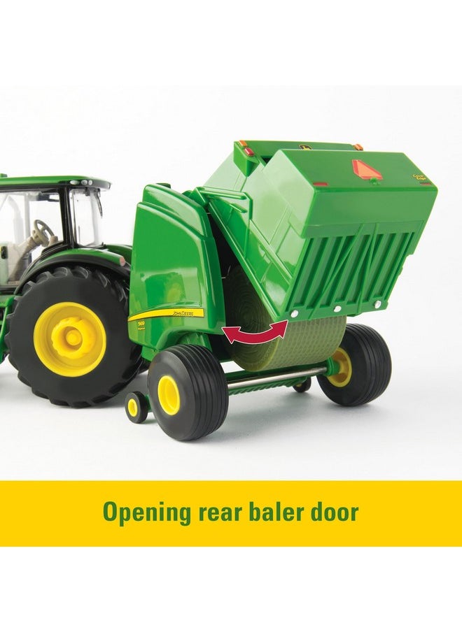 TOMY TOMY John Deere Round Bale Haying Set - 1:32 Scale - Includes John Deere 7R Tractor, 569 Round Baler, and 381G Skid Steer Toy - Construction and Farm Toys - Ages 3 Years and Up  - Image 2