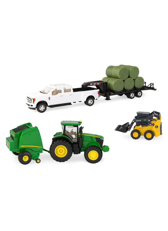 TOMY TOMY John Deere Round Bale Haying Set - 1:32 Scale - Includes John Deere 7R Tractor, 569 Round Baler, and 381G Skid Steer Toy - Construction and Farm Toys - Ages 3 Years and Up  - Image 1