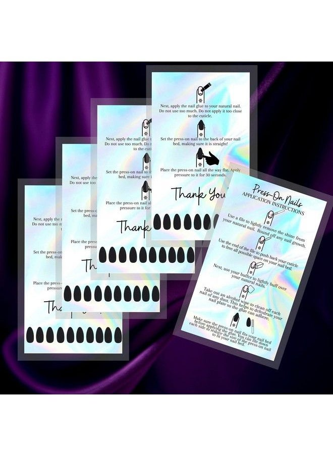 Boutique Marketing LLC - Presson Nail Application Instructions Cards ; 50 Pack ; 2X3.5 Inch Business Card Size ; Nonreflective Matte Holographic Look Design Rainbow Black White Holographic Look - Image 1