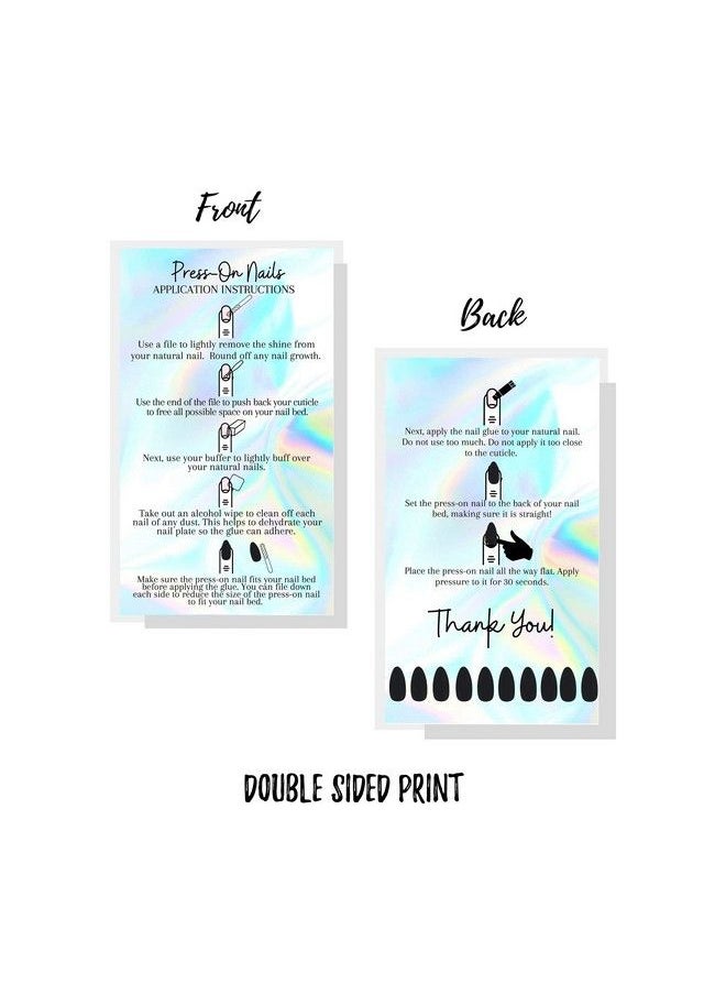 Boutique Marketing LLC - Presson Nail Application Instructions Cards ; 50 Pack ; 2X3.5 Inch Business Card Size ; Nonreflective Matte Holographic Look Design Rainbow Black White Holographic Look - Image 1