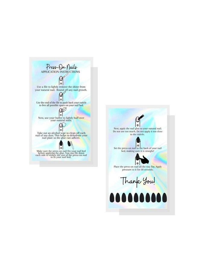 Boutique Marketing LLC - Presson Nail Application Instructions Cards ; 50 Pack ; 2X3.5 Inch Business Card Size ; Nonreflective Matte Holographic Look Design Rainbow Black White Holographic Look - Image 1