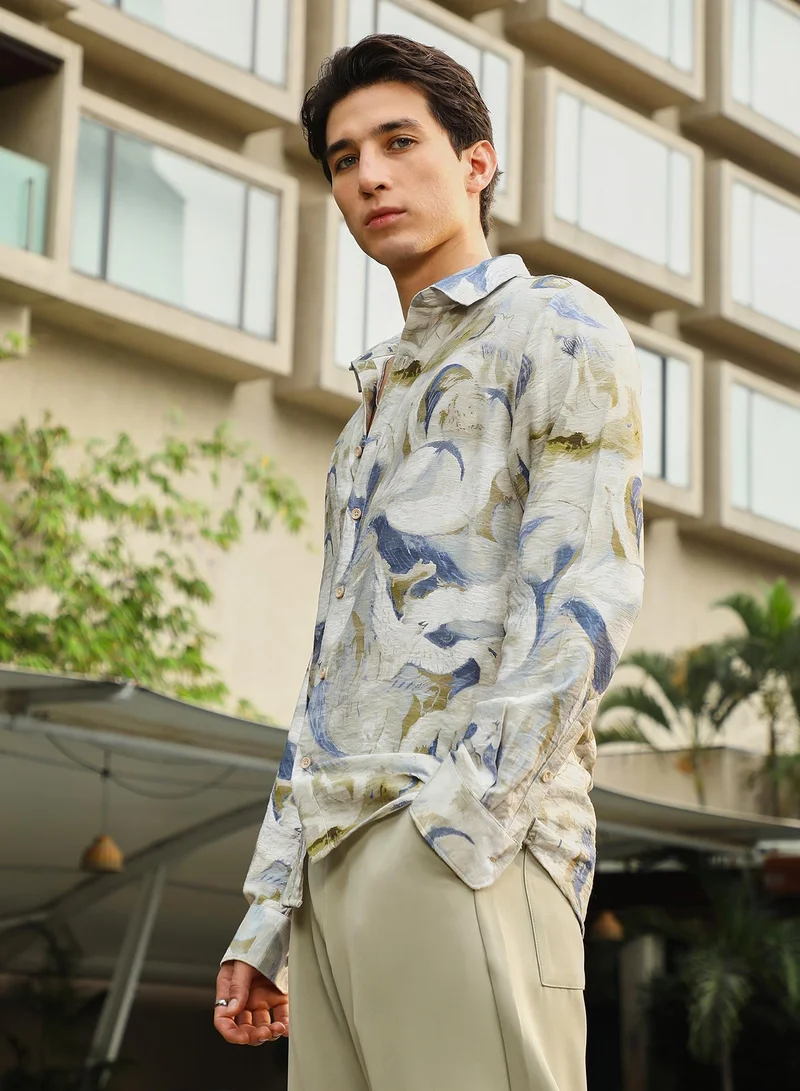 Campus Sutra Campus Sutra Men's Off-White & Indigo Blue Waterbrush-Imprint Dobby Shirt | Spread Collar , Long  Cuffed Sleeves , Button Closure | Abstract Dobby | Nylon Viscose Shirt For Casual Wear