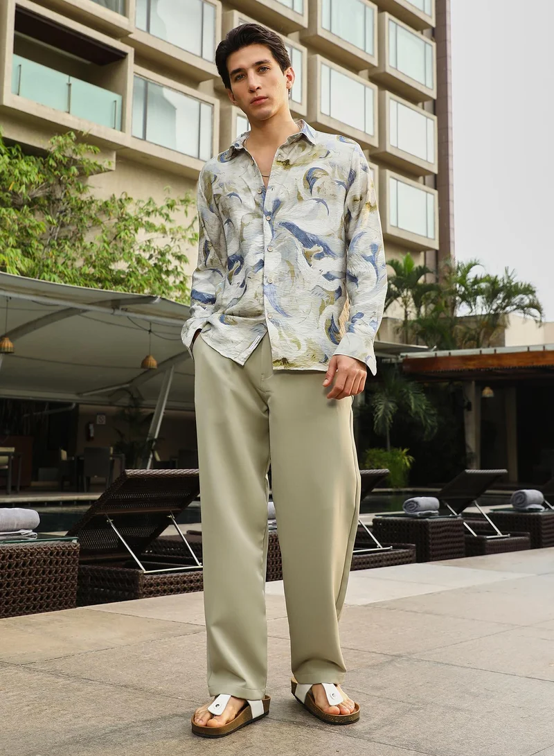 Campus Sutra Campus Sutra Men's Off-White & Indigo Blue Waterbrush-Imprint Dobby Shirt | Spread Collar , Long  Cuffed Sleeves , Button Closure | Abstract Dobby | Nylon Viscose Shirt For Casual Wear