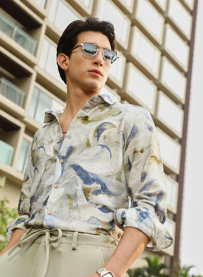 كامبوس سوترا Campus Sutra Men's Off-White & Indigo Blue Waterbrush-Imprint Dobby Shirt | Spread Collar , Long  Cuffed Sleeves , Button Closure | Abstract Dobby | Nylon Viscose Shirt For Casual Wear