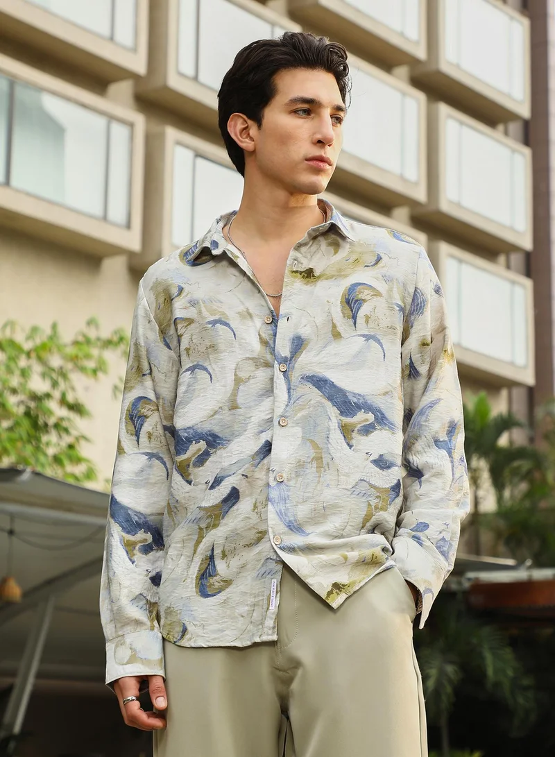 كامبوس سوترا Campus Sutra Men's Off-White & Indigo Blue Waterbrush-Imprint Dobby Shirt | Spread Collar , Long  Cuffed Sleeves , Button Closure | Abstract Dobby | Nylon Viscose Shirt For Casual Wear
