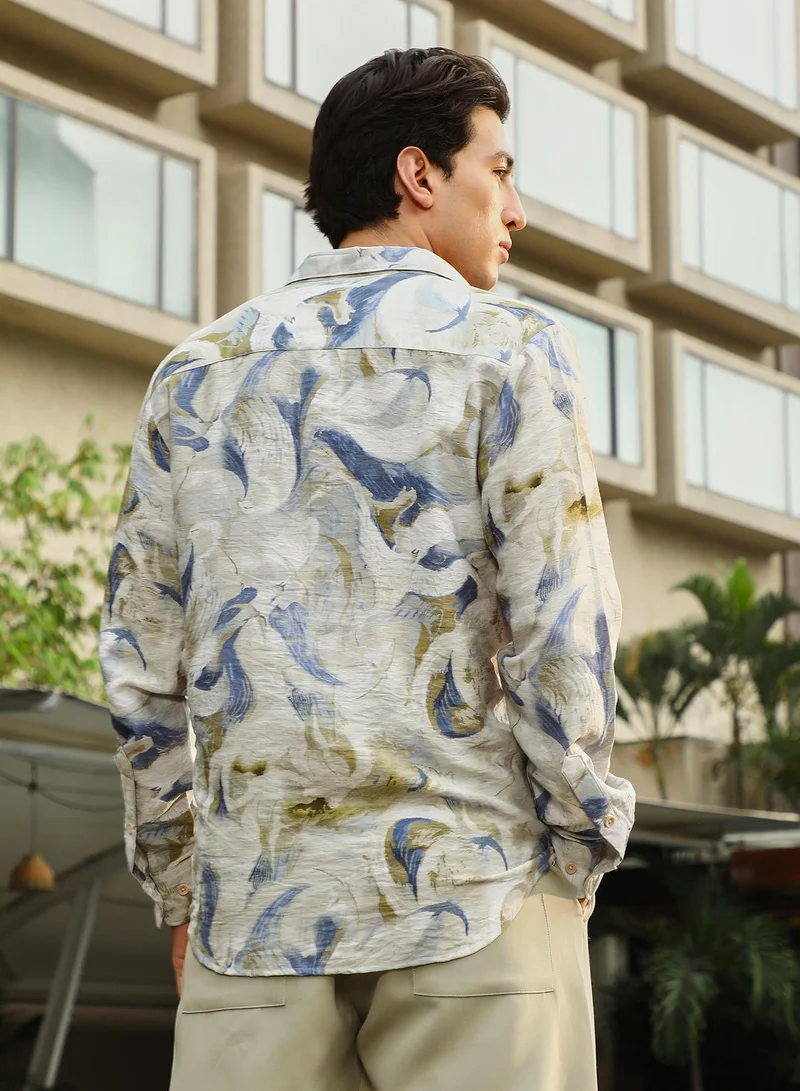 Campus Sutra Campus Sutra Men's Off-White & Indigo Blue Waterbrush-Imprint Dobby Shirt | Spread Collar , Long  Cuffed Sleeves , Button Closure | Abstract Dobby | Nylon Viscose Shirt For Casual Wear
