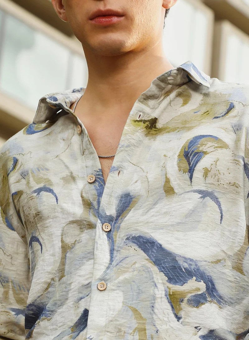 Campus Sutra Campus Sutra Men's Off-White & Indigo Blue Waterbrush-Imprint Dobby Shirt | Spread Collar , Long  Cuffed Sleeves , Button Closure | Abstract Dobby | Nylon Viscose Shirt For Casual Wear
