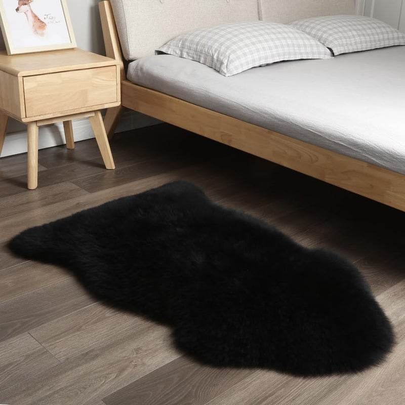 IRIWOOL Premium Genuine Fur Sheepskin Rug Real Australia Sheepskin Natural Luxury Fluffy Lambskin Fur Area Rug Seat Covers for Kids Bedroom Sofa Chair Cover (Black, Single Pelt/2ft x 3ft) - Image 3
