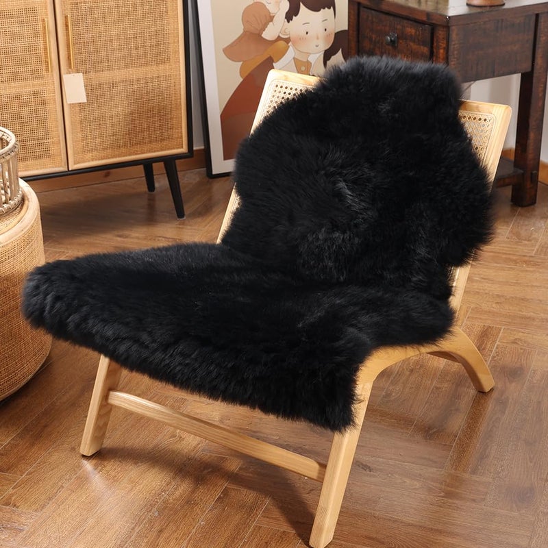 IRIWOOL Premium Genuine Fur Sheepskin Rug Real Australia Sheepskin Natural Luxury Fluffy Lambskin Fur Area Rug Seat Covers for Kids Bedroom Sofa Chair Cover (Black, Single Pelt/2ft x 3ft) - Image 1