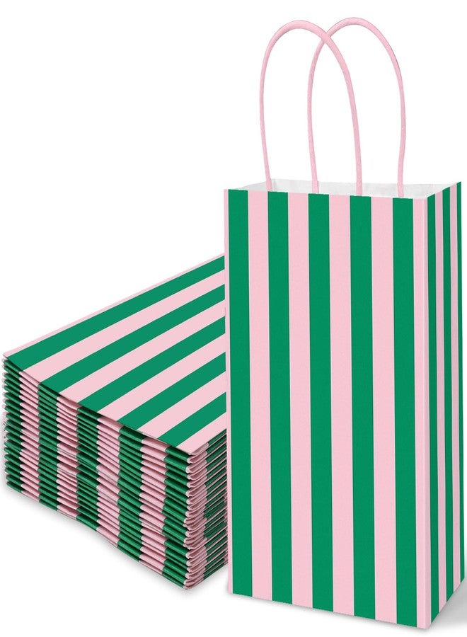 Whaline 36Pcs Pink Green Stripe Paper Bag Treat Bags with Handles Candy Goodie Bags for Birthday Baby Shower Wedding Party Favors Supplies - Image 1
