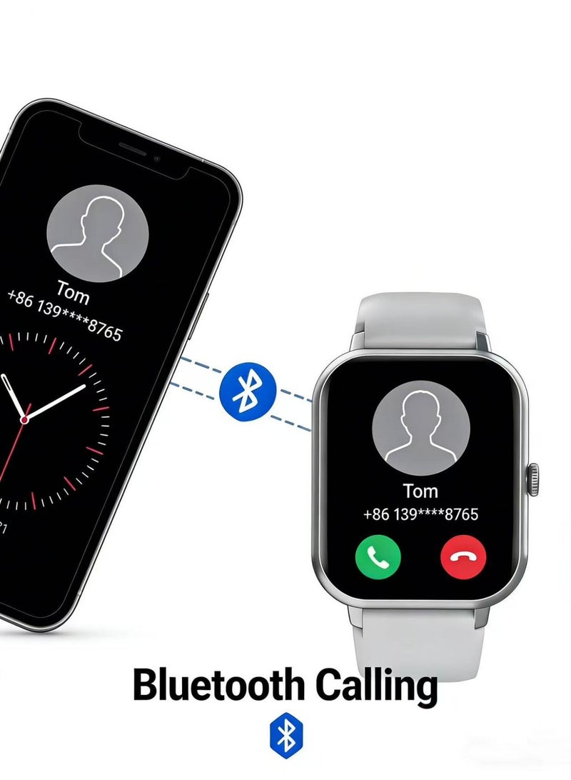 ساعة ذكية للجنسين مع خاصية الاتصال عبر البلوتوث - جهاز تتبع معدل ضربات القلب واللياقة البدنية، تصميم أنيق باللون الفضي، مقاومة للماء، تتبع الجري والرياضة، متوافقة مع أنظمة أندرويد وiOS. - Image 2