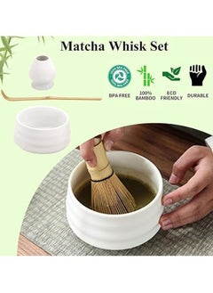 UCHUANG 4 Piece Matcha Tea Set Matcha Whisk Kit Matcha Ceramic Bowl Matcha Whisk, White Whisk Holder Traditional Scoop Perfect Set to a Traditional of Matcha Tool (Pink and White)  - Image 2