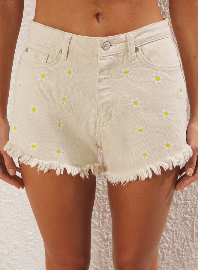 trendyol Beige Embroidered Denim Beach Shorts  - Image 2
