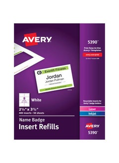 ملصقات اسم قابلة للتخصيص من Avery، مقاس 2.25 بوصة × 3.5 بوصة، لون أبيض، 400 ملصق اسم قابل للطباعة (5390)