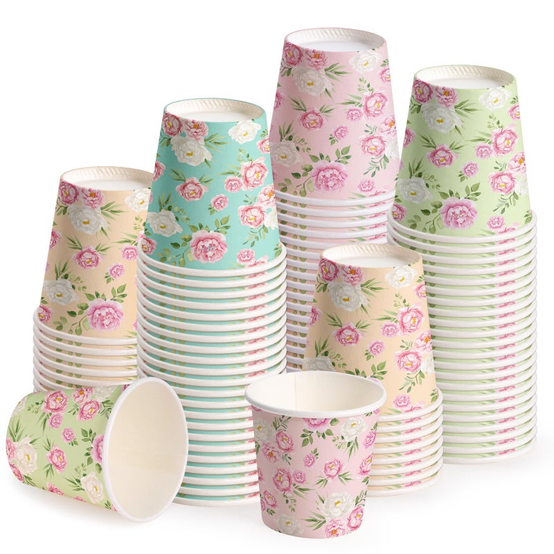 WRAPAHOLIC أكواب ورقية WRAPAHOLIC سعة 3 أونصات - عبوة 100 كوب disposable مع تصميم زهور الورد الملون، كوب صغير لغسل الفم لتنظيف الفرشاة، للحمام المنزلي، النزهات، الشواء، السفر والحفلات - Image 1