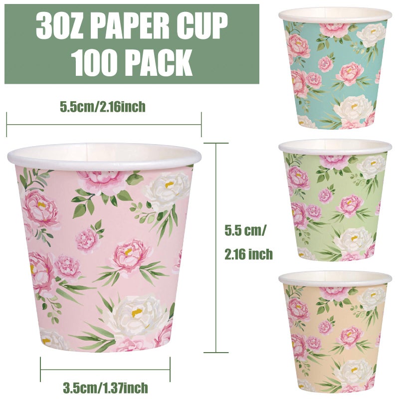 WRAPAHOLIC أكواب ورقية WRAPAHOLIC سعة 3 أونصات - عبوة 100 كوب disposable مع تصميم زهور الورد الملون، كوب صغير لغسل الفم لتنظيف الفرشاة، للحمام المنزلي، النزهات، الشواء، السفر والحفلات - Image 2
