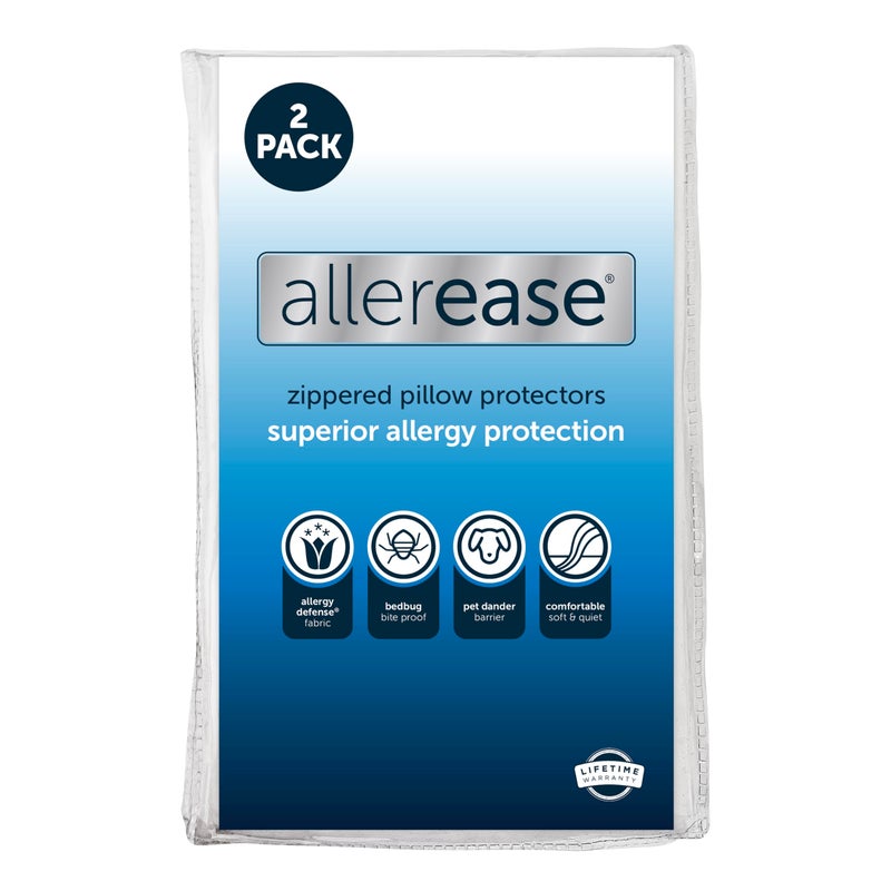 Aller-Ease Set of 2 StandardQueen AllerEase Pillow Protectors  Moisture Wicking Advanced Allergy Protection  Premium Polyester Zippered Protectors 