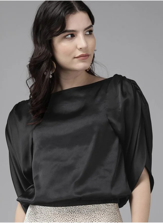 ميش Satin Boat Neck Top with Slit Sleeves by Styli
