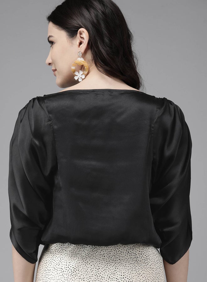 ميش توب ساتان بياقة قارب وأكمام مشقوقة - Image 4