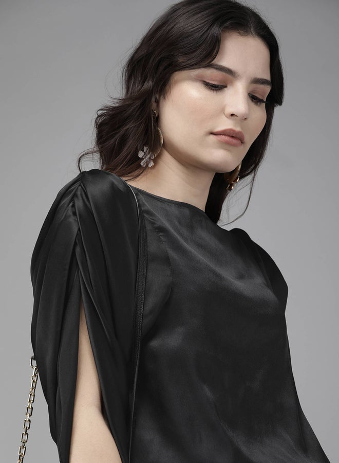 ميش توب ساتان بياقة قارب وأكمام مشقوقة - Image 3