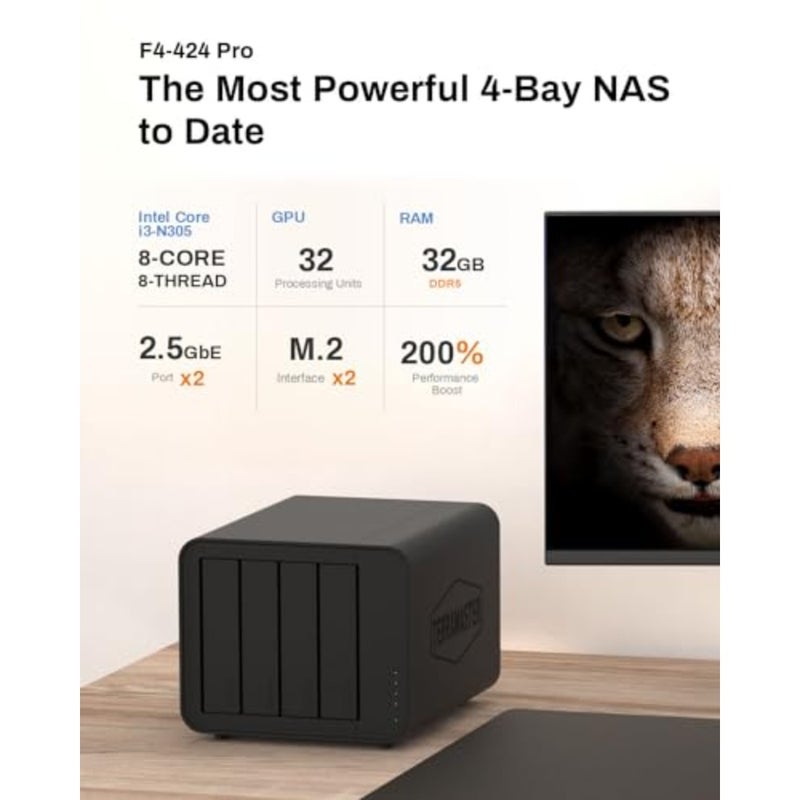 F4-424 Pro NAS Storage - 4Bay Core i3-N305 8-Core 8-Thread CPU, 32GB DDR5 RAM, 2.5GbE Port x 2, Network Attached Storage Peak Performance for Business Diskless - Image 2