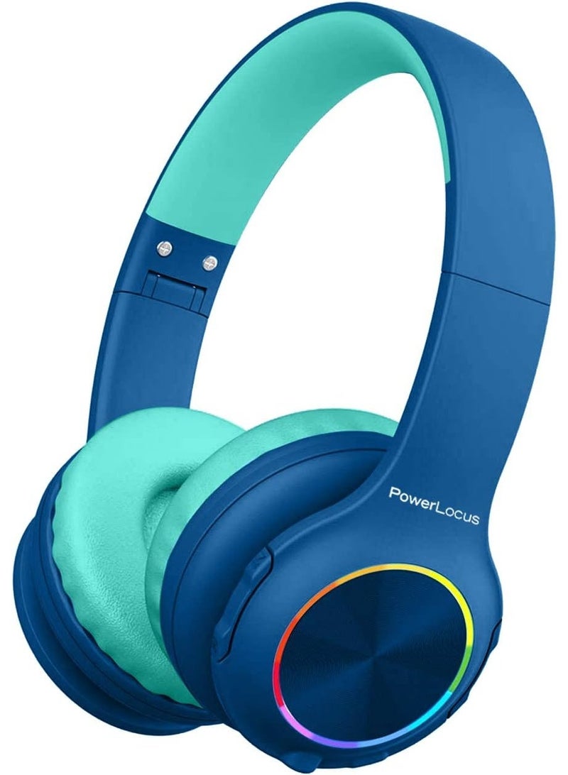 PowerLocus Kids Headphones Wireless, Bluetooth Headphones for Kids with 93dB Volume Limit, LED lights, Foldable Over-Ear Headphones with Microphone (Blue) - Image 1