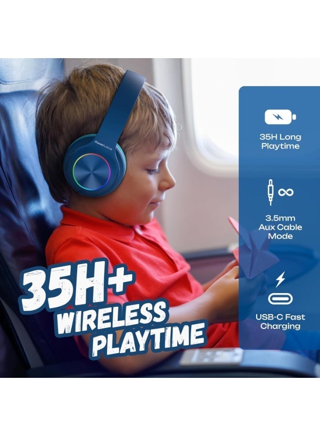 PowerLocus Kids Headphones Wireless, Bluetooth Headphones for Kids with 93dB Volume Limit, LED lights, Foldable Over-Ear Headphones with Microphone (Blue) - Image 2