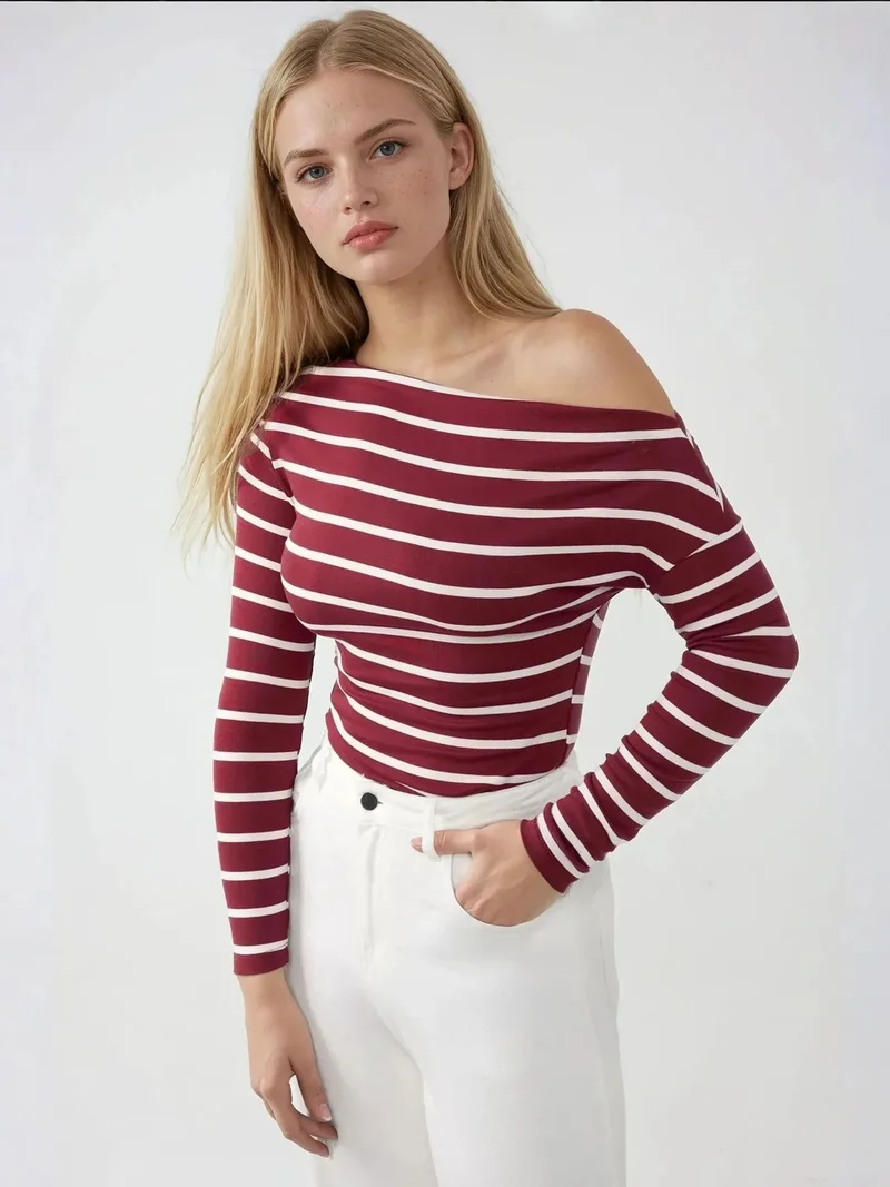 HICCUP Striped Carmen Collar Long Sleeve Top