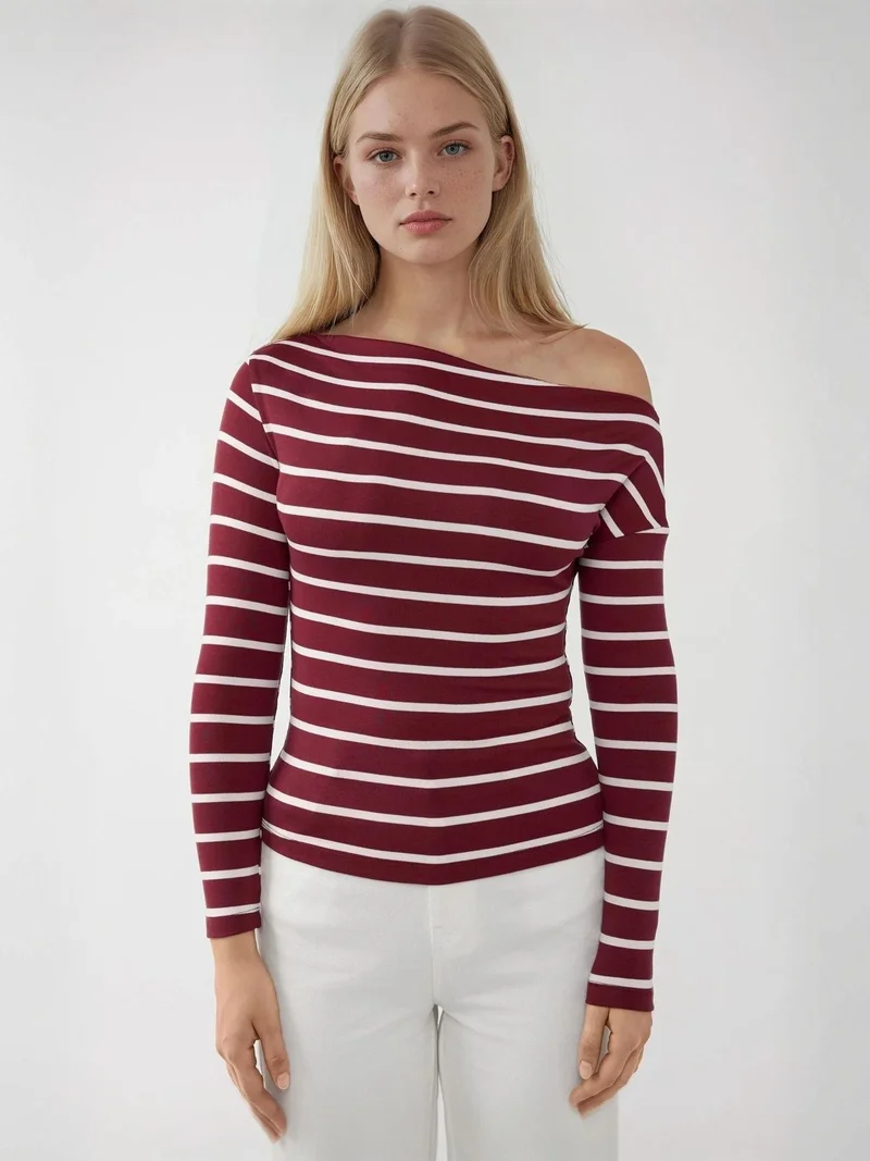 HICCUP Striped Off-Shoulder Long Sleeve Ribbed Knit Top