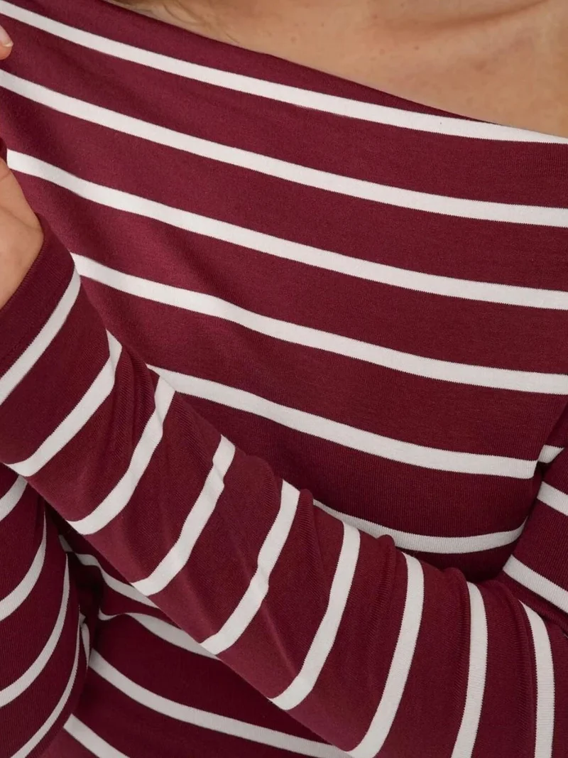 HICCUP Striped Off-Shoulder Long Sleeve Ribbed Knit Top