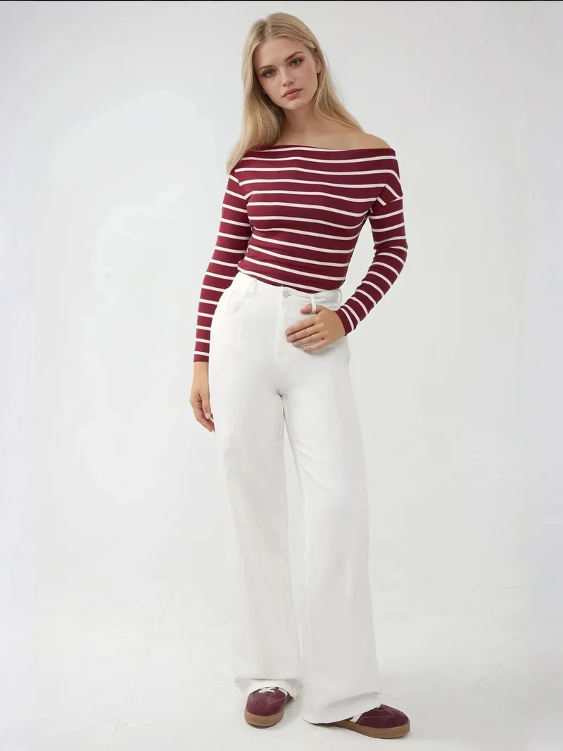 HICCUP Striped Off-Shoulder Long Sleeve Ribbed Knit Top