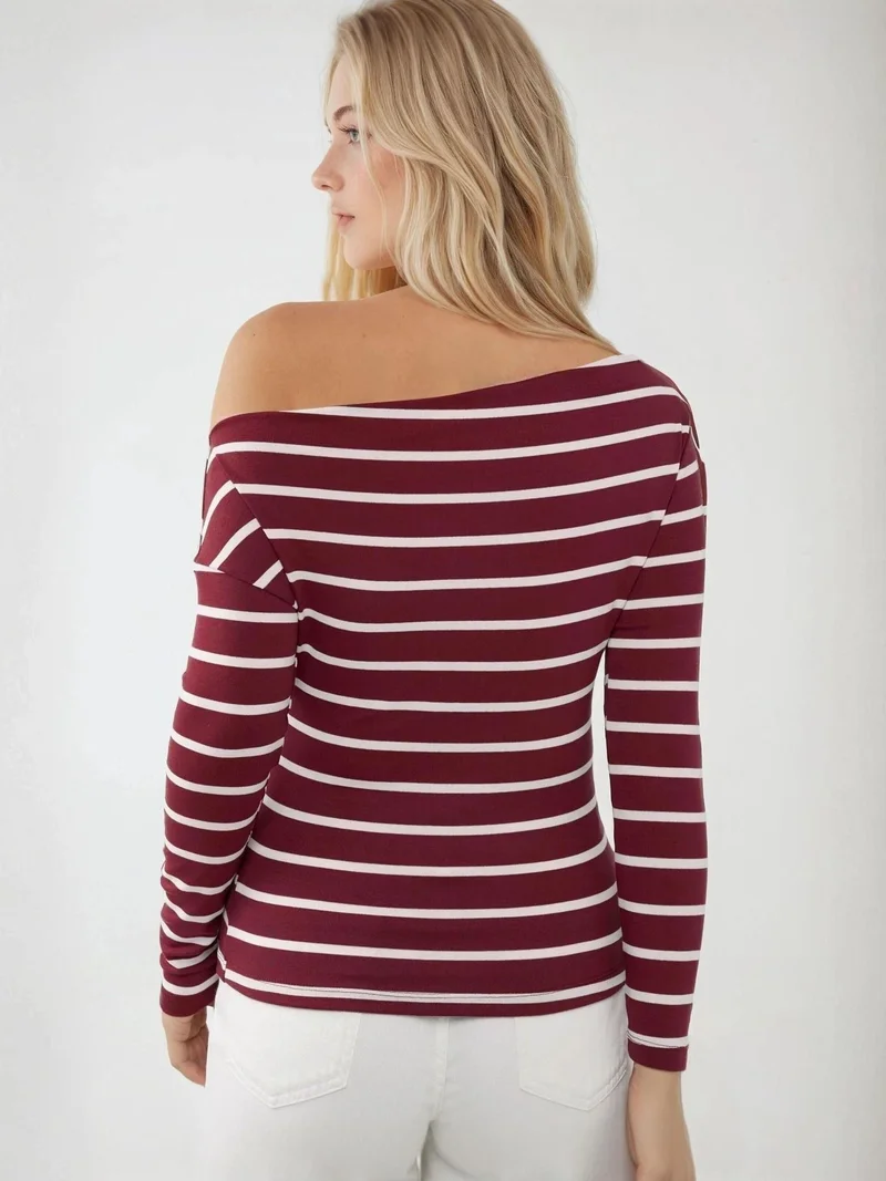 HICCUP Striped Off-Shoulder Long Sleeve Ribbed Knit Top