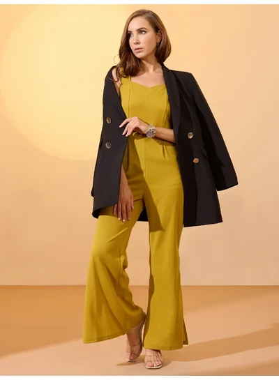 globus Women Sweetheart Neck Strappy Shoulder Solid Side Slit Hem Party Jumpsuit
