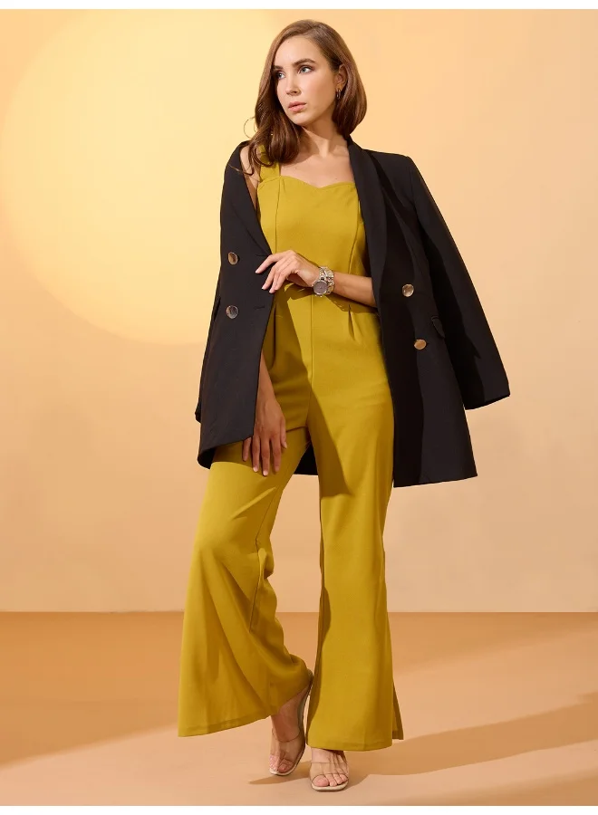 globus Women Sweetheart Neck Strappy Shoulder Solid Side Slit Hem Party Jumpsuit